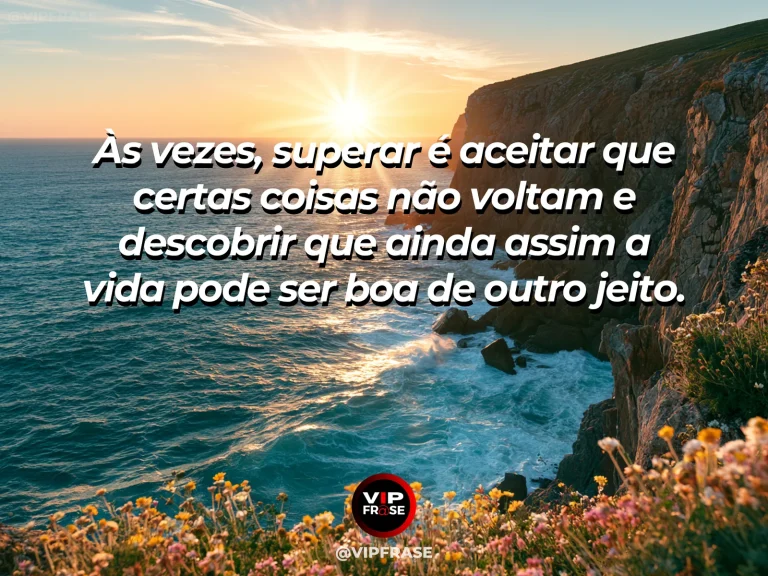 Mensagem de superação com ruínas cobertas por flores diante de um mar luminoso, simbolizando beleza e vida sem restaurar exatamente o que existia.
