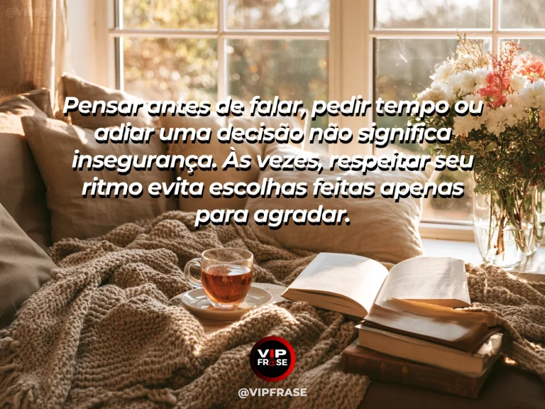 Mensagem de autoestima sobre respecting your own response time, com calm balcony with tea, flowers and open sky