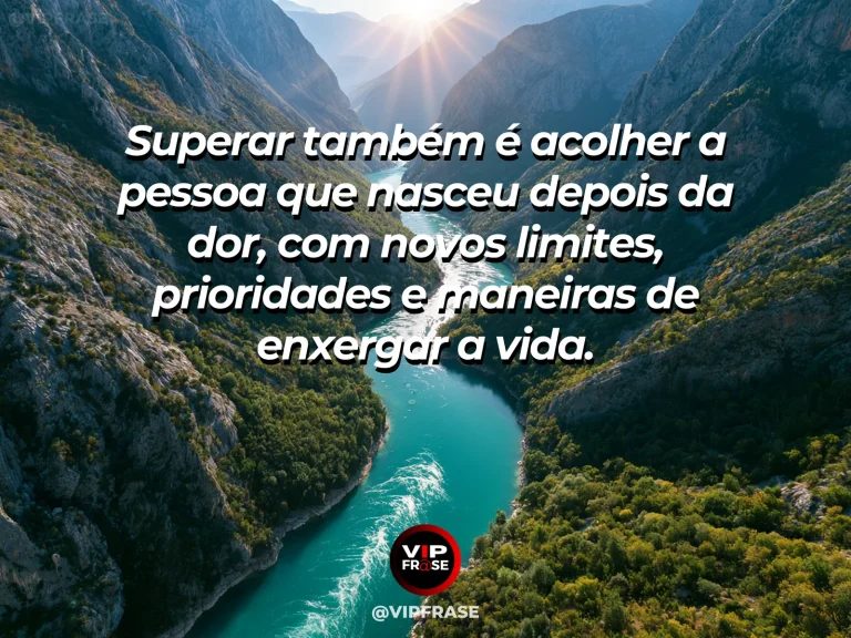 Mensagem de superação com lago sereno refletindo o amanhecer e as montanhas, simbolizando reconciliação com a própria transformação.